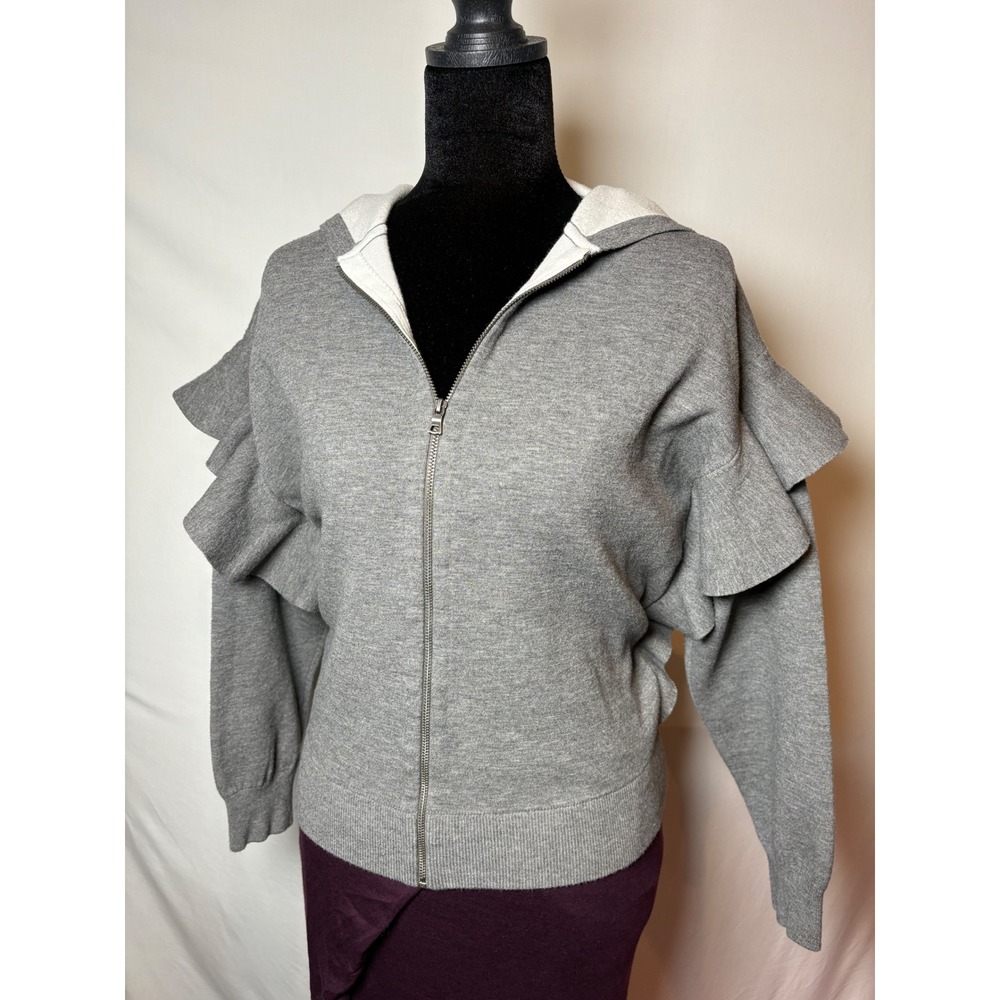 Alice + Olivia Harris Ruffled Jersey Streetwear Zip Hoodie - Heather Grey Small